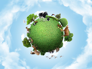Green peace earth, miniature planet, globe concept showing a green, peaceful and animals poultry life