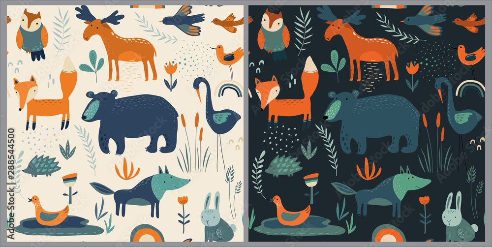 Vector seamless pattern with hand drawn forest animals, flowers and plants