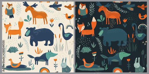 Vector seamless pattern with hand drawn forest animals  flowers and plants