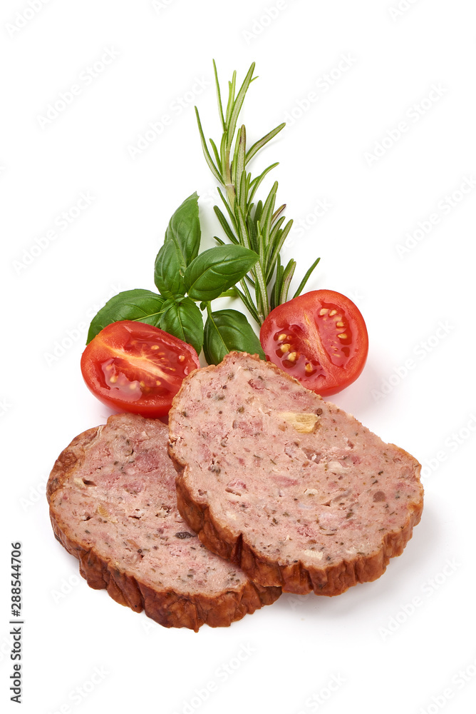 Sliced German meatloaf, isolated on white background