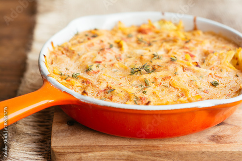 Rutabaga Frittata (vegan) with chickpea flower, rutabaga, leek and tomatoes