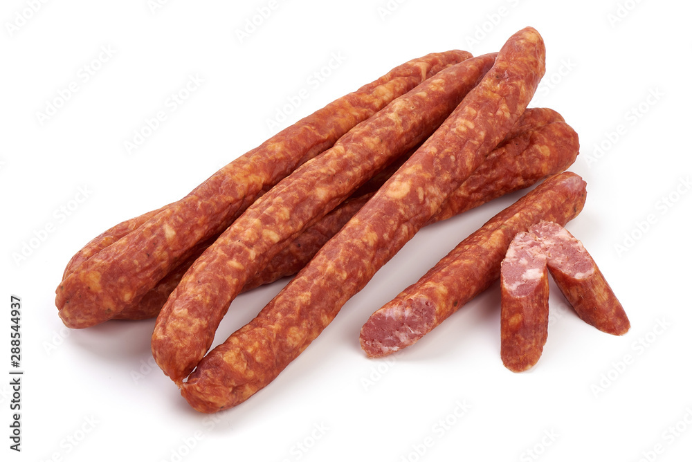 Dry smoked Sausages, isolated on white background