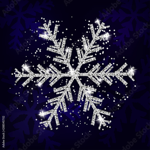 Silver snowflake decoration Christmas and New Year. Xmas navy blue background. Template for greeting card, banner or poster. Vector