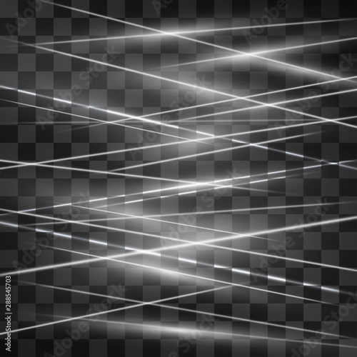 Laser white signaling room glow vector . Crossed light streams blinking on transparent background. Light energy rays illustration for modern hi tech design. Power silver flow of high speed particles.