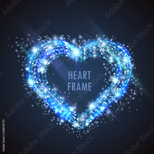 Mosaic vector blue neon light effect heart frame with hazy flares. Magical glowing glass tile of shining stardust sparkles, winter illumination. Energy ring flow in motion. Luxurious winter design.