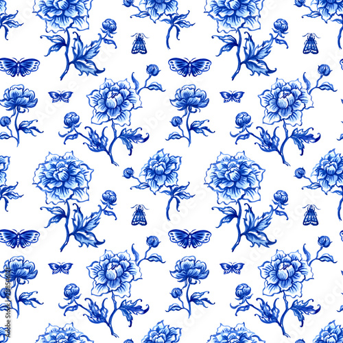 Seamless pattern of blue peonies and butterflies on a white background, watercolor print for fabric or painting for porcelain and other designs.