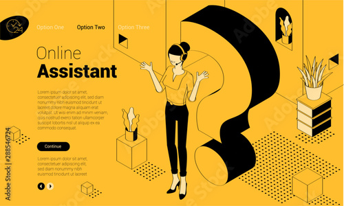Question mark. Flat design isometric vector illustration of young man and woman with alert sign. Exclamation mark, answer for question, alert, warning and notification.