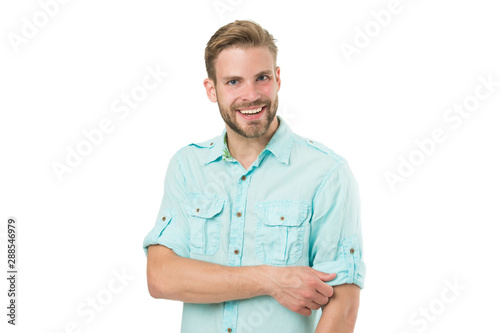 Genuine smile of a cheerful guy. Happy guy isolated on white. Bearded guy smiling in casual summer style. Caucasian handsome guy with sexy smile on bearded face and stylish blond hair © be free