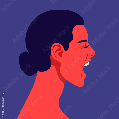 Screaming woman's face in profile. Head of a girl in stress on the side. Aggression and irritation. Vector flat illustration