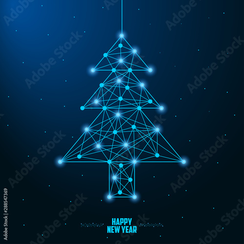 Merry Christmas and New Year design with low poly Christmas tree. Holiday card or banner made by points and lines, polygonal wireframe mesh. Vector illustration.