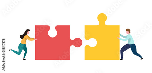 Teamwork men and women who assemble the puzzle. Concept of bussines team work. Cooperation and partnership metaphor with jigsaw puzzle piece. Vector illustration in flat design.