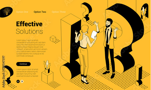 Exclamation mark. Flat design isometric vector illustration of young man and woman with alert sign. Exclamation mark, answer for question, alert, warning and notification.