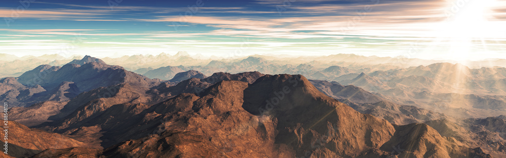 Sunset of panorama spectacular aerial view of mountains with sun ray