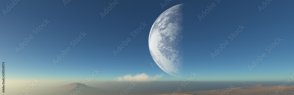 The Moon rises over planet Earth, panorama view