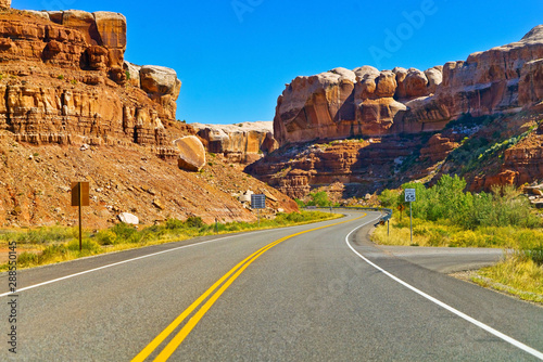 View of the Twin Rocks on the highway 191 in Utah, USA.