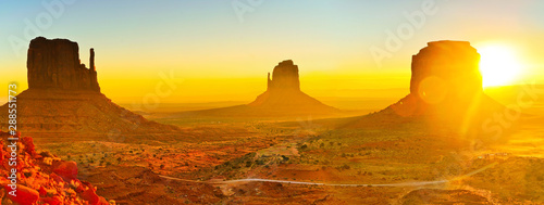 View of Monument Valley at sunrise near the border of Arizona and Utah in Navajo Nation Reservation in USA.