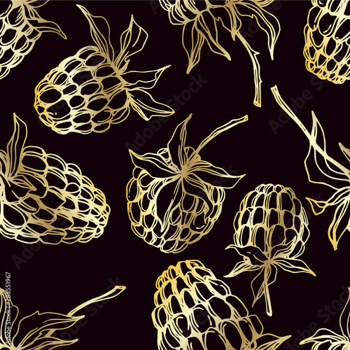 Vector Raspberry healthy food isolated. Black and white engraved ink art. Seamless background pattern.