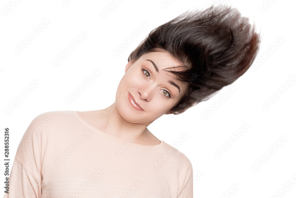 funny girl with dark hair on white background. woman playing with her hair funny girl with dark hair on white background. woman playing with her hair