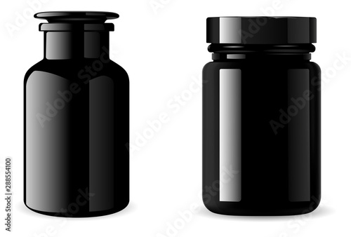 Black supplement bottle. Glossy Medicine jar mockup. 3d vector packaging for tablet, vitamin. Pill container isolated on white background. Medical glass flask for bath sea salt. Beauty product design