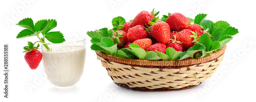 Strawberries in basket and milk smoothies isolated on white background. Wide photo.