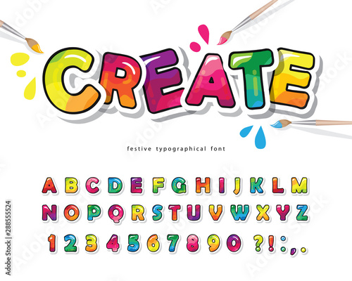 Cartoon colorful font for kids. Creative paint ABC letters and numbers. Bright glossy alphabet. Paper cut out. For posters, banners, birthday cards. Vector