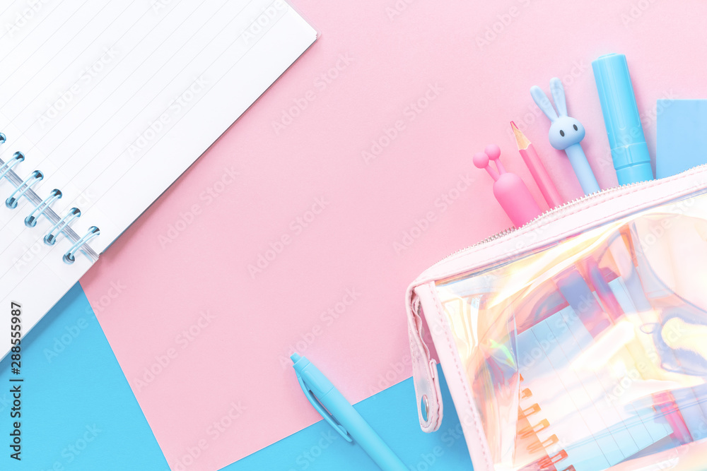 School office supplies background. Back to school. Pastel color stationery  flat lay, top view. Stock Photo by rawf8