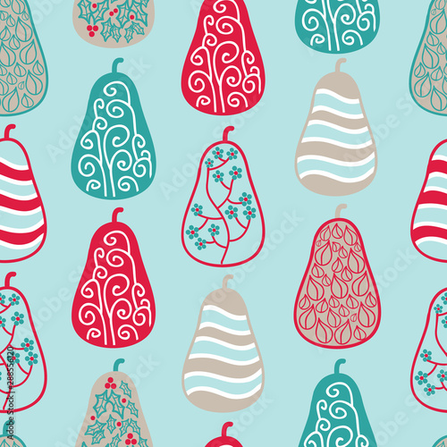 Holiday Pears vector seamless pattern. Christmas pears in red and aqua designs.