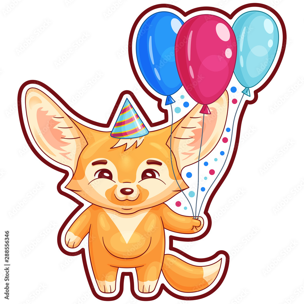 Cute fennec fox in a party hat holds air-balloons. Amusing kawaii cartoon  character with single contour of whole image for using as a sticker, etc.  Birthday party, family occasion illustration. Stock Vector