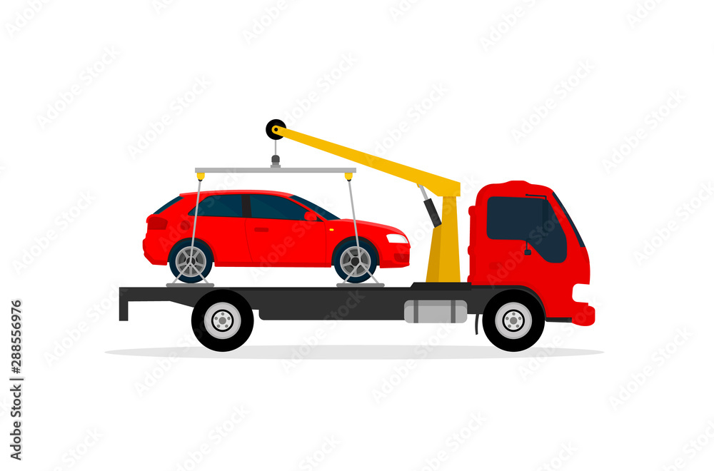 Car on tow truck. Roadside assistance. Vector illustration. Flat design.