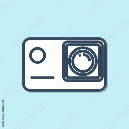 Blue line Action extreme camera icon isolated on blue background. Video camera equipment for filming extreme sports. Vector Illustration