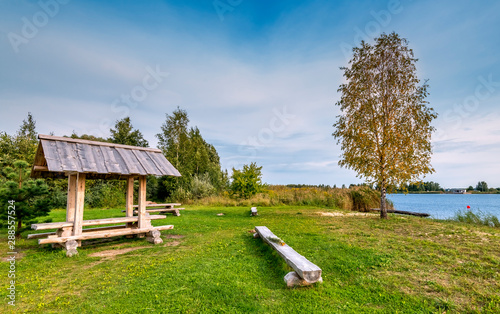 Public resting and swimming area on a riverside beach, Europe