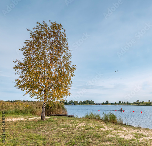 Public resting and swimming area on a riverside beach, Europe