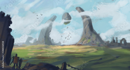 epic landscape painting of two spires with floating rocks and dark foreground elements - digital fantasy painting