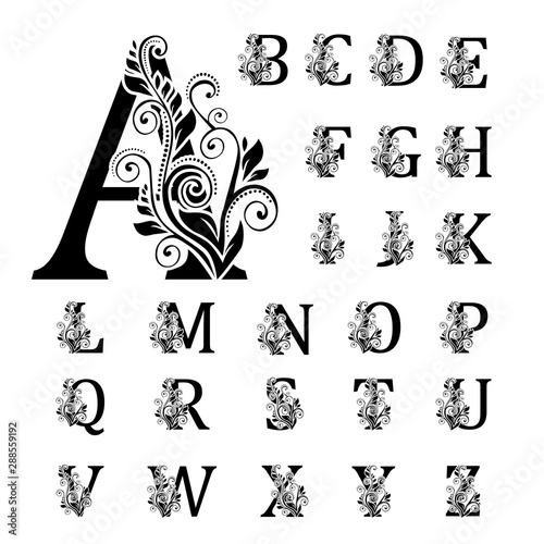 Alphabet with florals bouquet. Initials letters with botanical elements. Monogram arrangement. Floral letter design. Hand drawn flowers for composition for card, invitation, save the date,logo.
