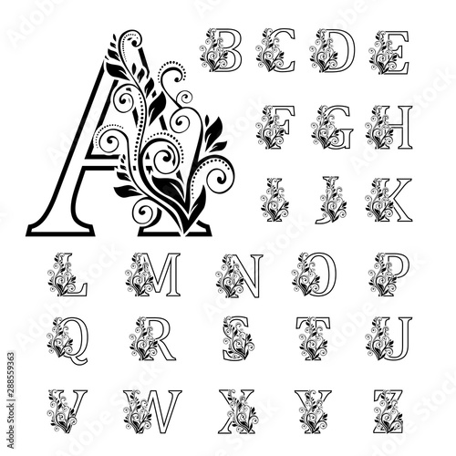 Elegant Alphabet with florals bouquet. Initials letters with botanical elements. Monogram arrangement. Floral letter design. Hand drawn flowers for composition for card, invitation, save the date,logo
