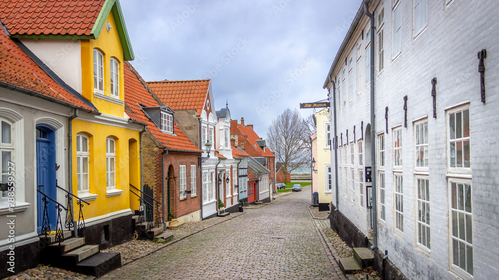 Fototapeta premium Aeroskobing, Denmark - Quaint Street View with Old, Traditional Houses in Aeroskobing, Denmark