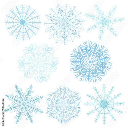 Watercolor hand painted winter frozen set with different blue snowflakes isolated on the white background  christmas snowfall element collection for postcards