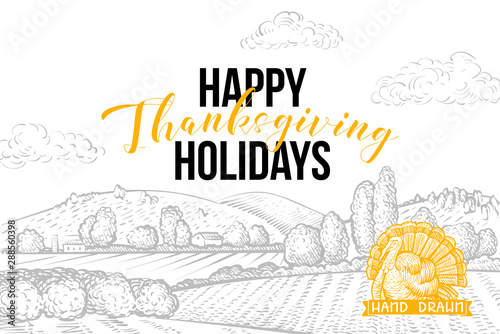 Thanksgiving congratulations postcard template. Harvest season tradition, autumn holiday greeting card concept. Scenic village landscape and turkey badge hand drawn illustration with lettering