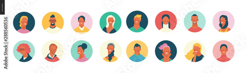 Bright people portraits set - hand drawn flat style vector design concept illustration of young men and women, male and female faces avatars. Flat style vector round icons set