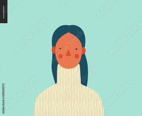 Bright people portrait - hand drawn flat style vector design concept illustration of young brunette woman, weared white sweater, face and shoulders avatar. Flat style vector icon