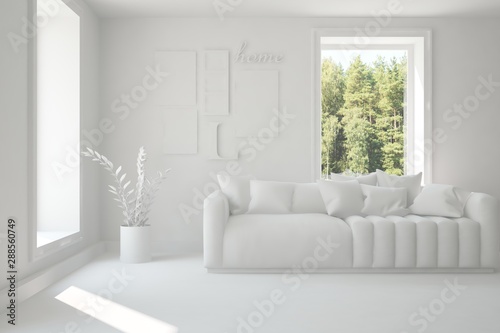 Mock up of stylish room in white color with sofa and green landscape in window. Scandinavian interior design. 3D illustration