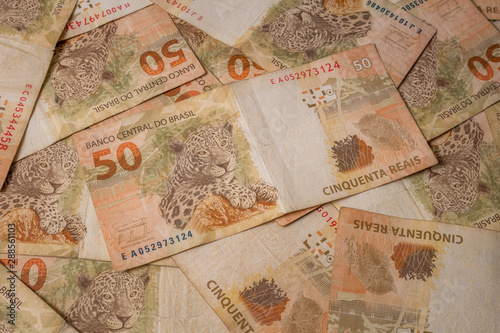 Brazilian real notes. Brazilian currency. Real. Brazilian money. Money from Brazil