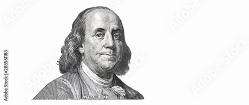 Benjamin Franklin cut on new 100 dollars banknote isolated on white background photo