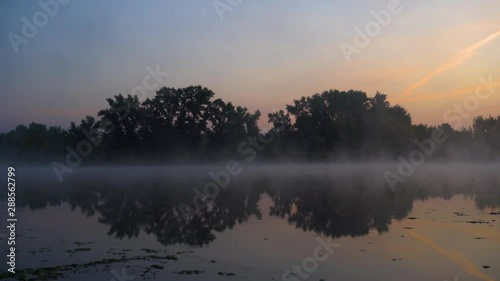 Sunrise At Foggy River In Summer