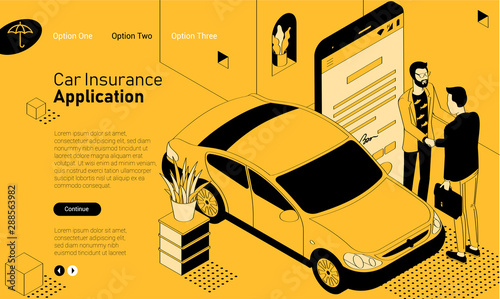 Car insurance mobile app isometric website template. Black and yellow flat design vector concept for web site and application design and presentation. Home page concept. UI design mockup.