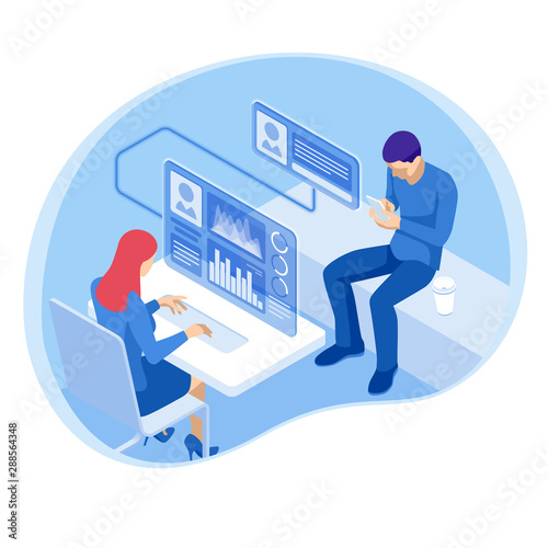 Isometric Financial consultation or Business Consulting, Communication, Social Media Analystic concept.