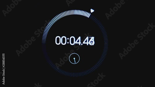 Screen electronic stopwatch. VFX.  The figures for the countdown. The pattern for video. Close-up of the black screen of digital stopwatch with blue running numbers