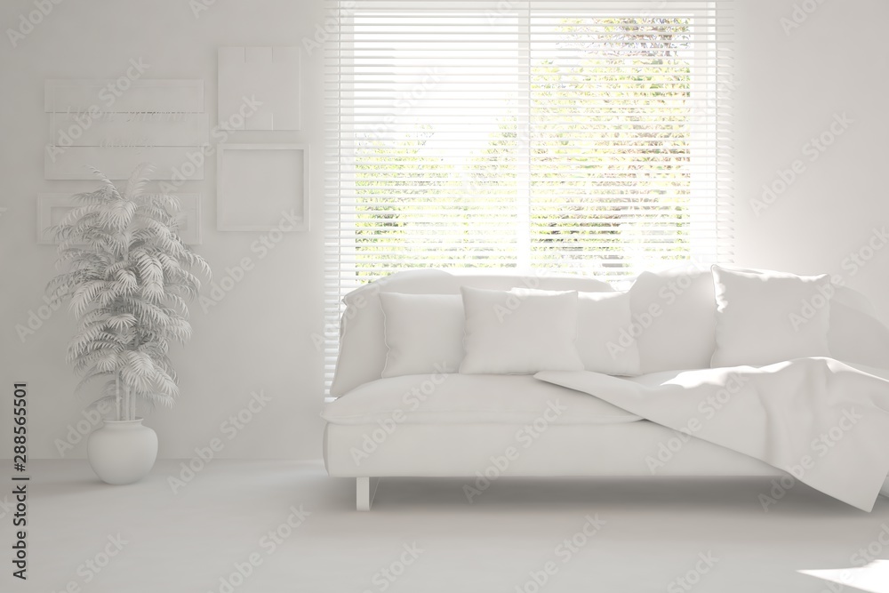 Mock up of stylish room in white color with sofa. Scandinavian interior design. 3D illustration Mock up of stylish room in white color with sofa. Scandinavian interior design. 3D illustration