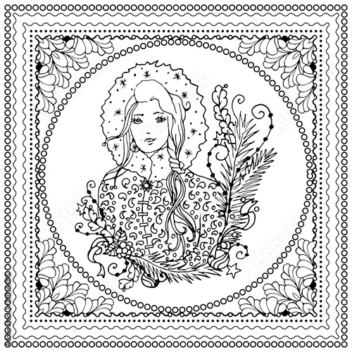 Black vector mono color illustration for Merry Christmas and Happy New Year 2016 print design. Coloring book page design for adults or kids. Vector template.Ornamental border and frame