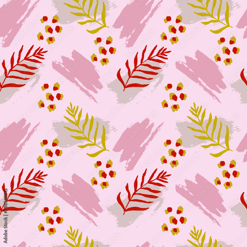 Abstract seamless pattern with brush strokes, floral elements, leopard spots in pink, orange, grey, yellow, terracotta colours. Trendy modern textile, branding, packaging, wrapping paper. Abstract seamless pattern with brush strokes, floral elements, leopard spots in pink, orange, grey, yellow, terracotta colours. Trendy modern textile, branding, packaging, wrapping paper.
